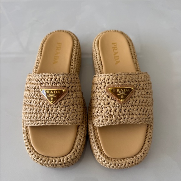Prada Shoes - Prada Beige Woven Raffia Slide Sandals Size 37